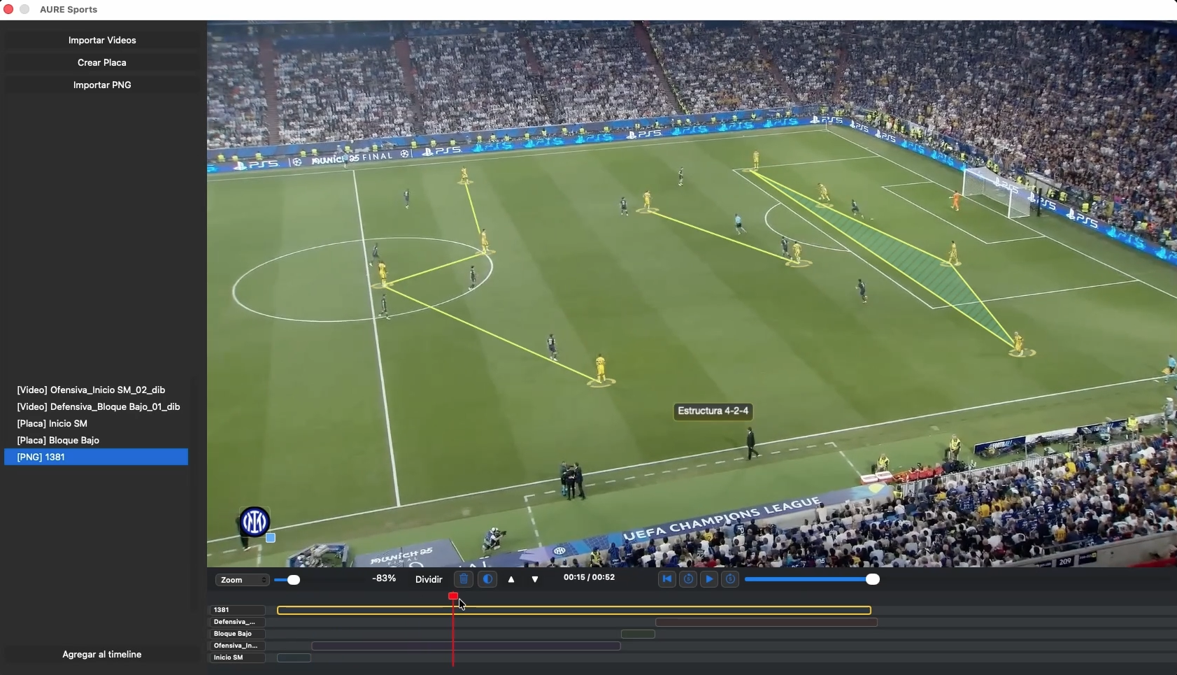 Interface del módulo Edición de AURE Sports