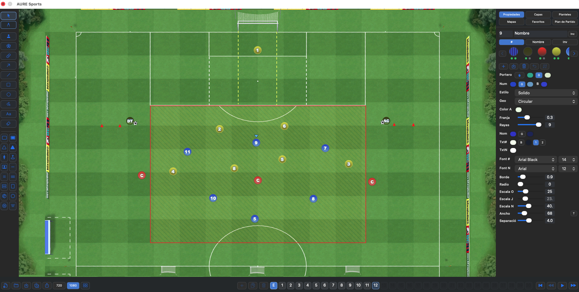 Interface del módulo Pizarra 2D de AURE Sports