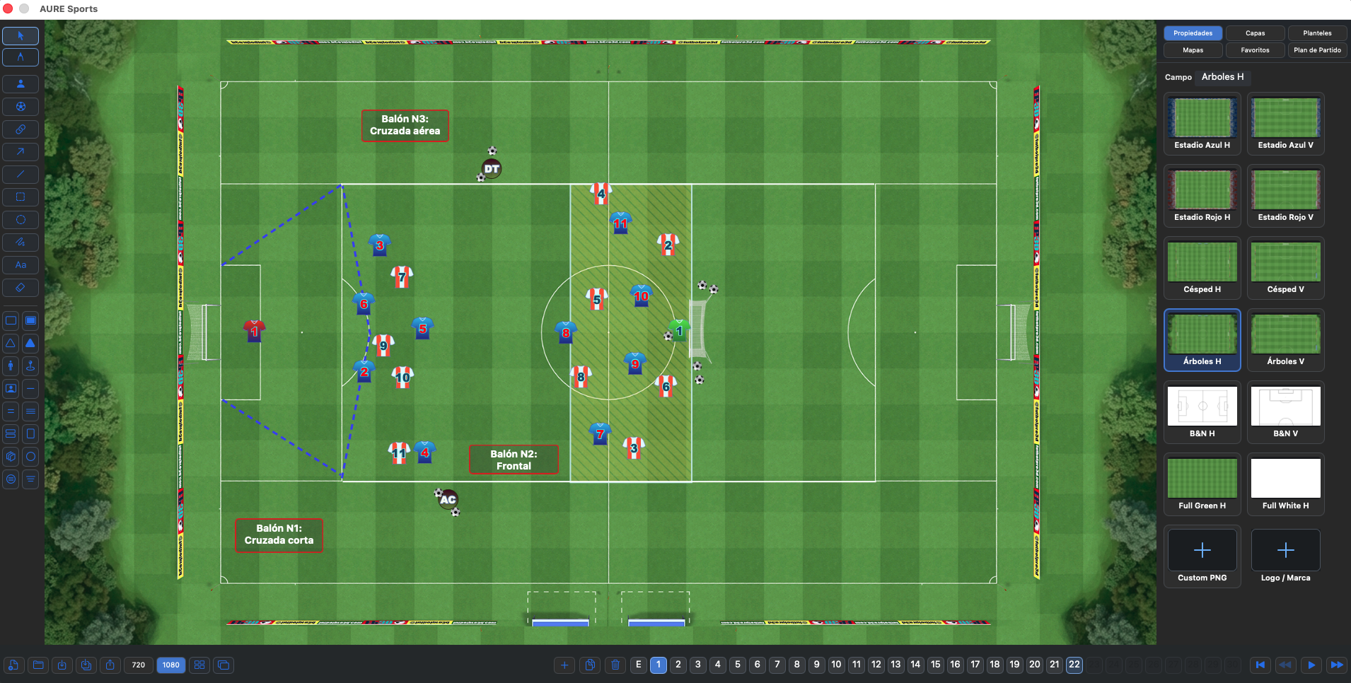 Interface del módulo Pizarra 2D de AURE Sports