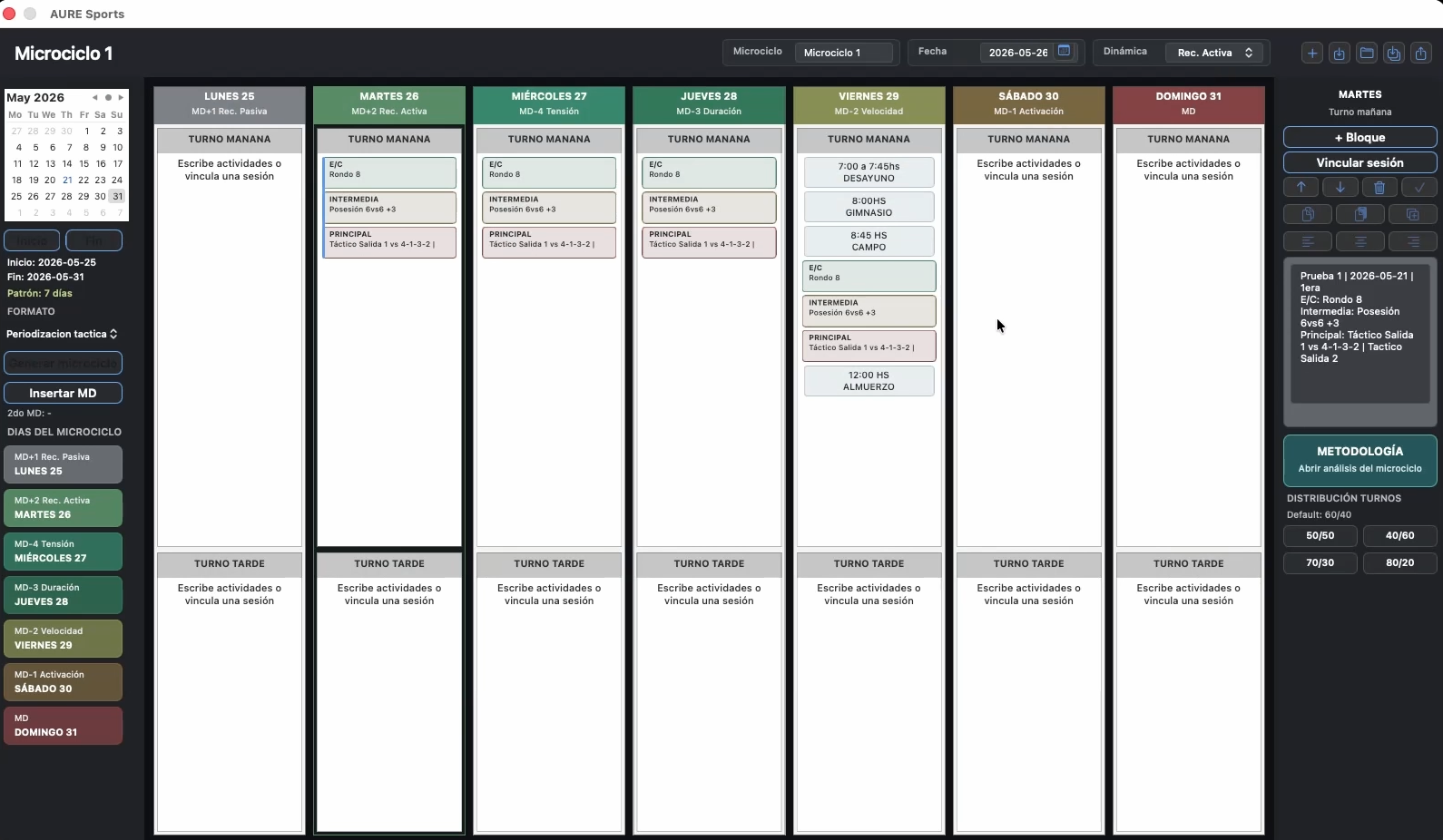 Interface del módulo Planificación de AURE Sports